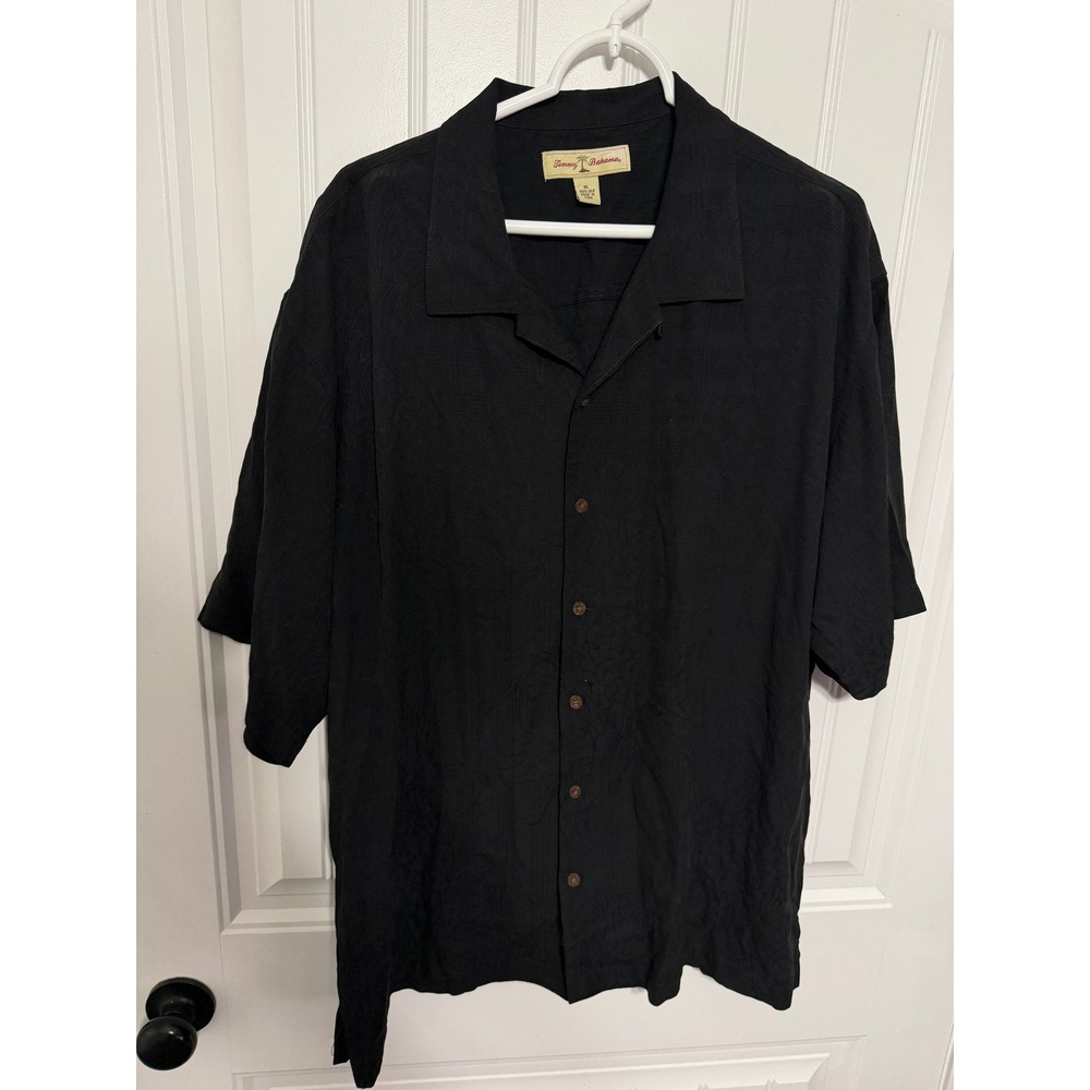 Tommy Bahama Silk Shirt Button Mens XL Black Floral Jacquard Aloha Button Down